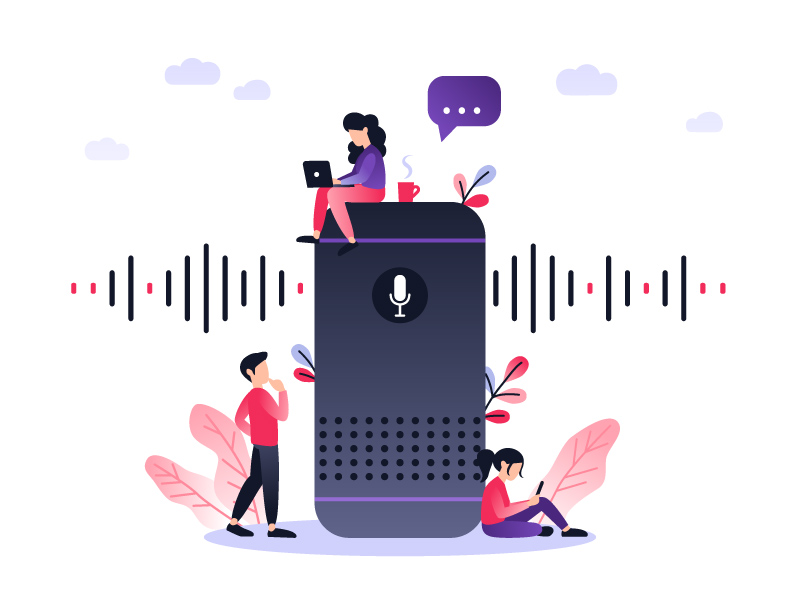 Illustration of three people sitting around a giant voice assistant.