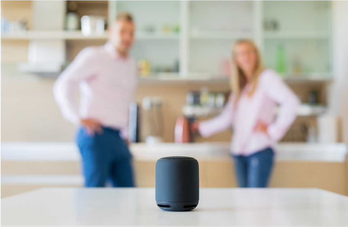 Voice device on the kitchen counter with a couple standing behind it.